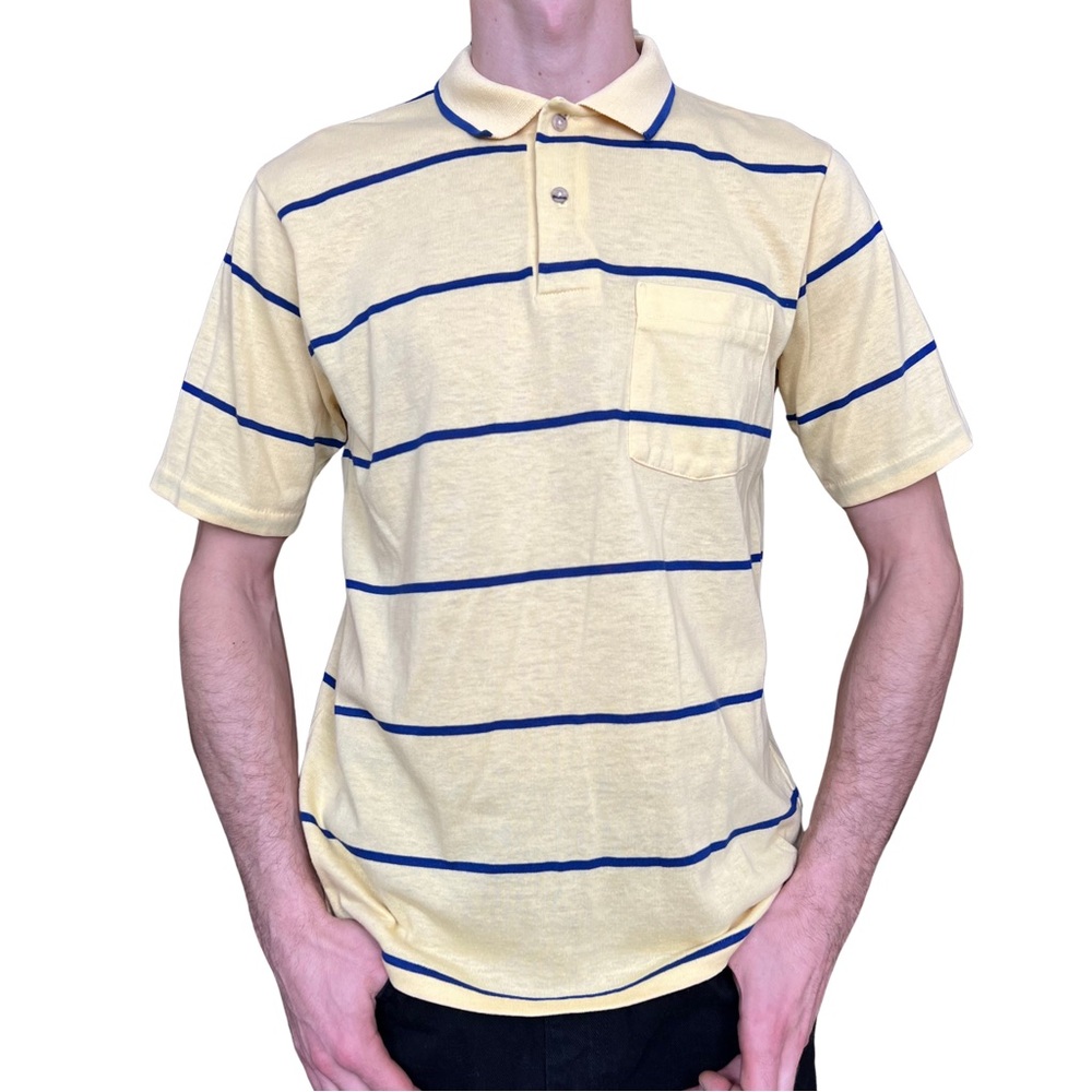 Vintage Men’s Charvel Yellow Polo with Blue Stripes Single Stitch Knit Size L